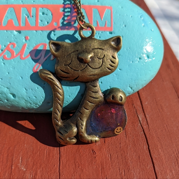 Hand Crafted Jewelry - Cat Necklace Bronze Smile Hand Crafted Resin Cats Artisan Jewelry Witchy Cute